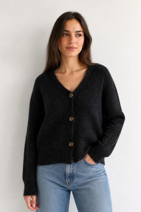 Love Tree Sweaters - Love Tree Black Fuzzy Button Down Cardigan L